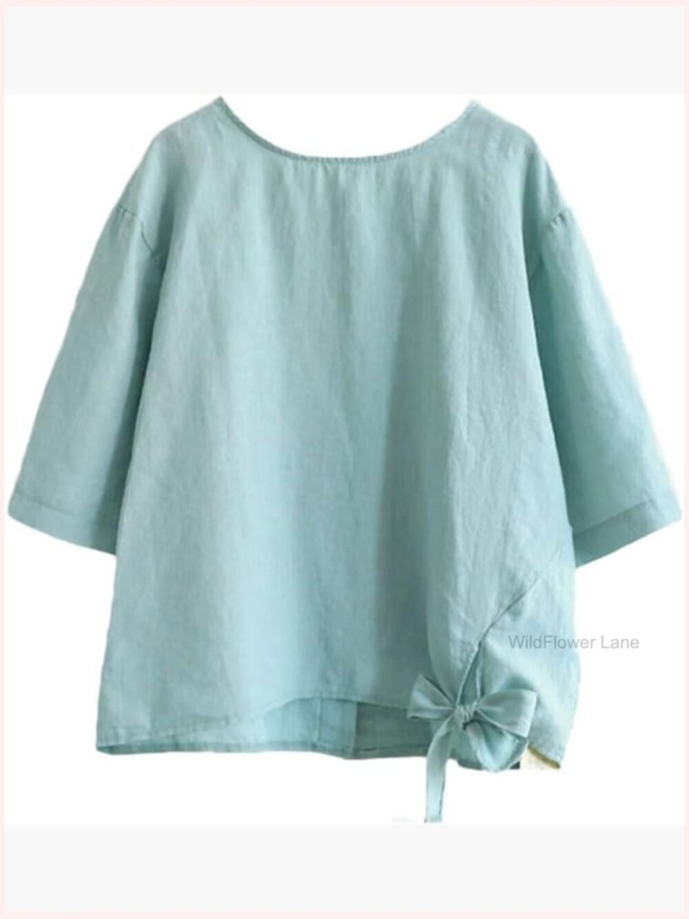 Cotton Linen Blouse Bow Knotted Hem Tunic Top